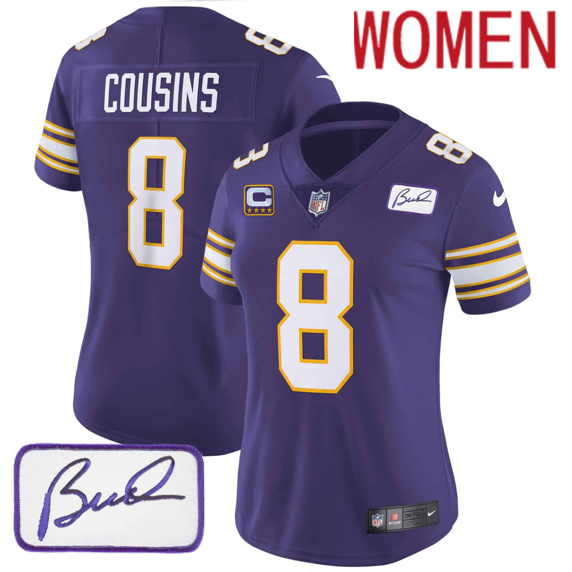 Women Minnesota Vikings #8 Cousins Purple 2024 Nike Bud Grant Patch Classic Limited NFL Jersey style 1